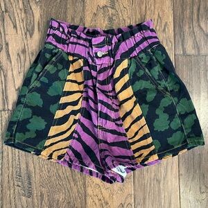 Farm Rio Leopard Animal Print Paper Bag High Waist Stretchy Denim Shorts Sz 4-6